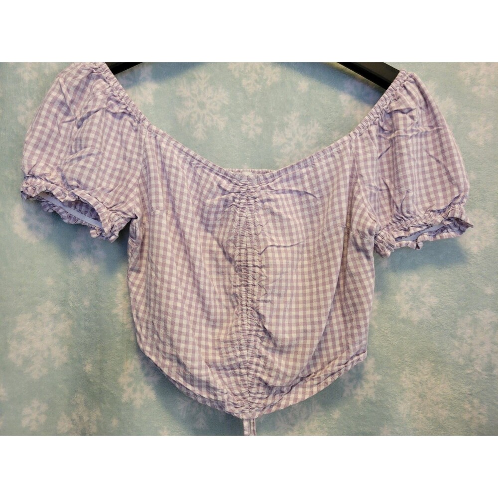Hollister Ruched Gingham Purple Crop Y2K Shirt Women Size Medium Milkmaid Farm